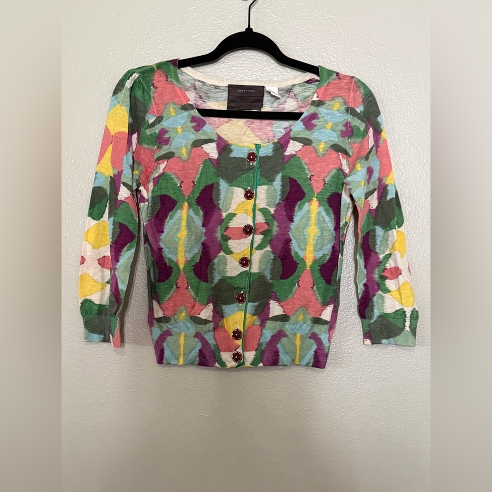 Vtg Anthropologie Guinevere Cotton Ikat Print Cardigan M Abstract Colorful Boho